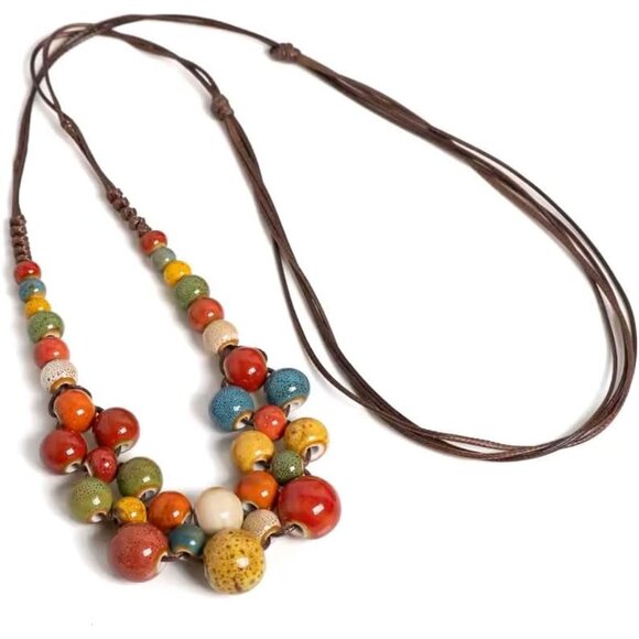 Boho Hippie Ceramic Beaded Necklace for Women Statement Chunky Bohemian Fall Col - Picture 3 of 7